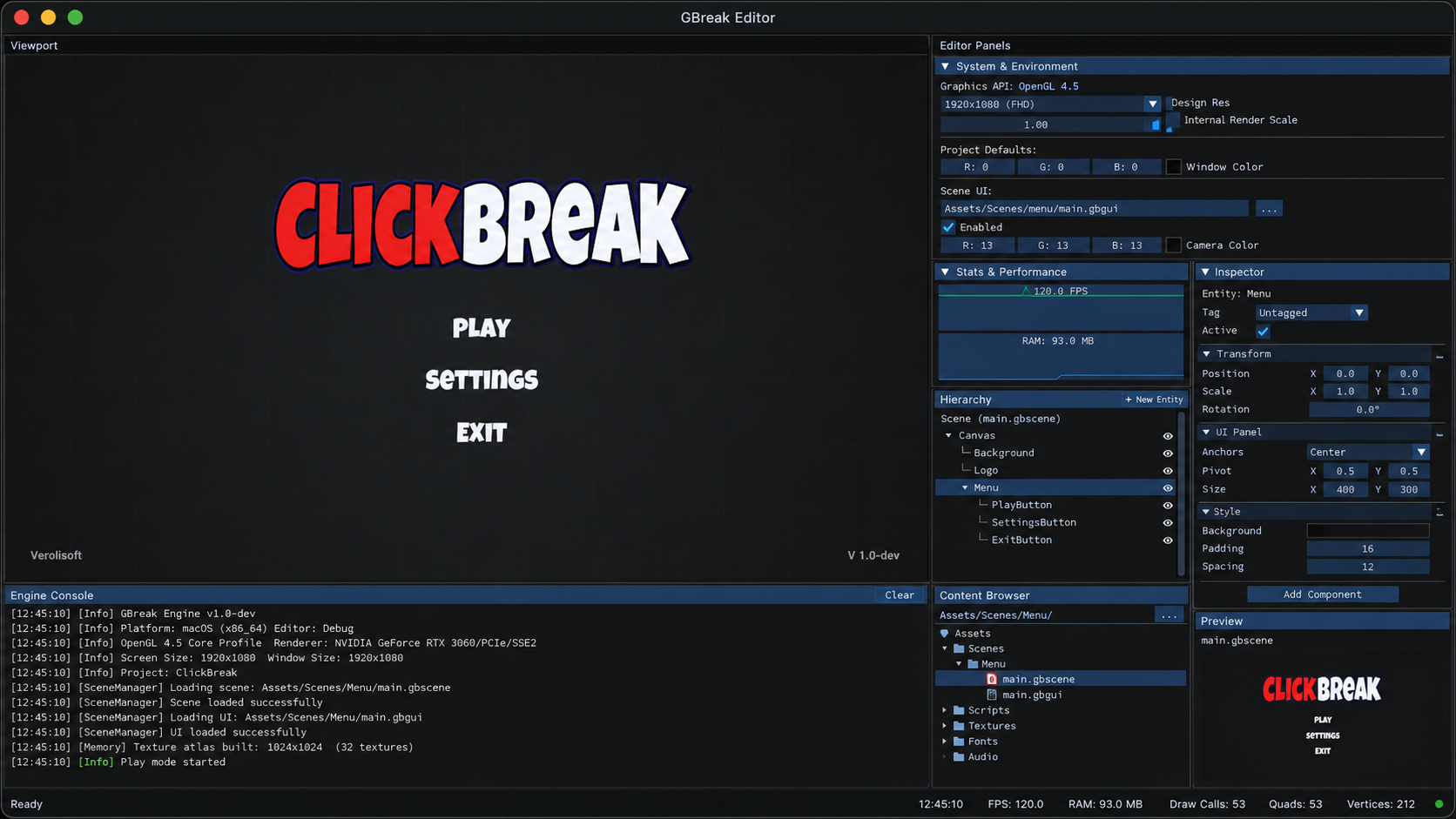 GBreak Engine visual editor interface